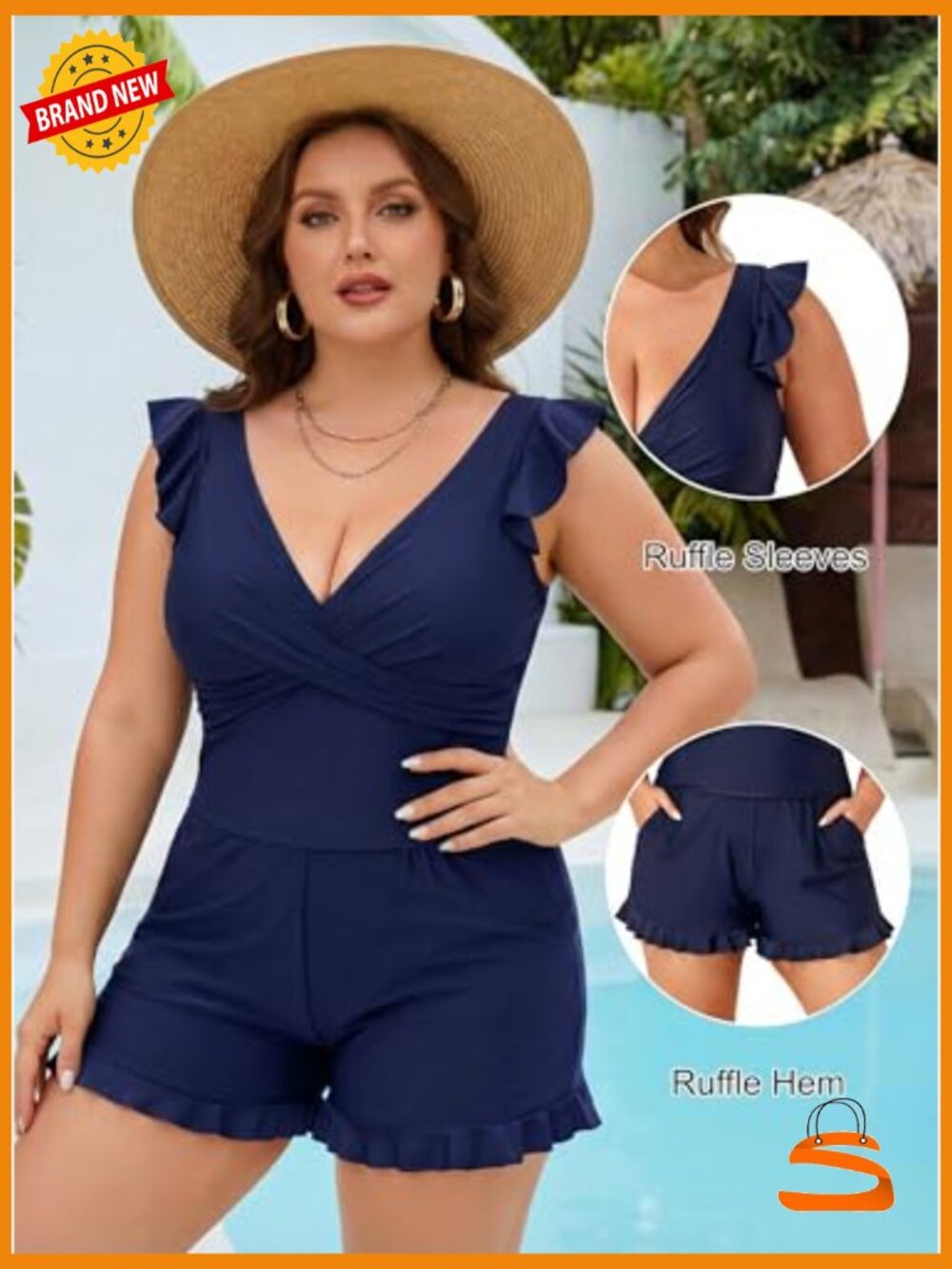 Plus Size One Piece Swimsuit with Pockets Modest Swim Romper Full Coverage - Picture 4 of 7